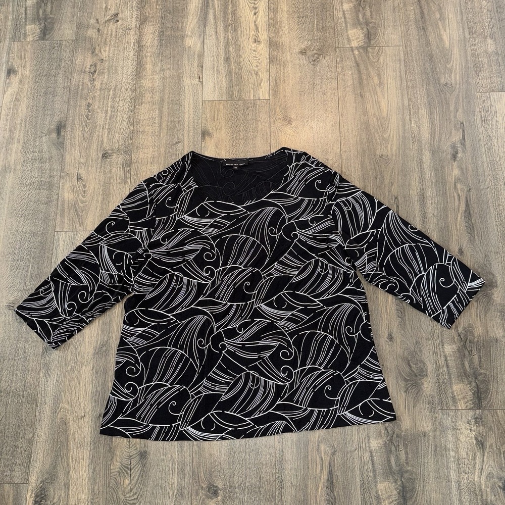 Briggs‎ NY Women 3XL Textured Blouse Peasant Black Artsy Summer Top 3/4 Sleeves